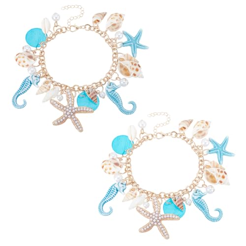 HOBBIESAY 2 Stück 18.5cm Muschelarmband Seestern Armband Ozean Leben Armbänder Boho Sommer Strand Armbänder Strandschmuck Mit Perlenlegierung Golden Für Frauen Sommer Souvenirs Schmuckgeschenk von HOBBIESAY