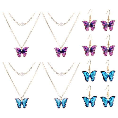 HOBBIESAY 2 Stück 2 Farben Böhmisches Schmetterlings Halsketten Set Mehrschichtiges Anhänger Ohrring Set Buntes Anhänger Halsketten Perlenschmuck Zarter Schmuck Für Frauen Hochzeit Feiertagsgeschenk von HOBBIESAY