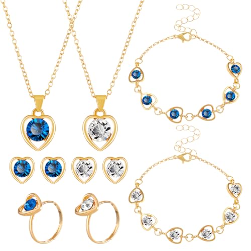 HOBBIESAY 2 Stück 2 Farben Halsketten Set Mit Herzanhänger Und Strass Herz Halskette Ohrringe Ring Armband Verstellbar Brautschmuck Set Für Hochzeiten Geschenk Für Frauen Hochzeitsgeschenk von HOBBIESAY