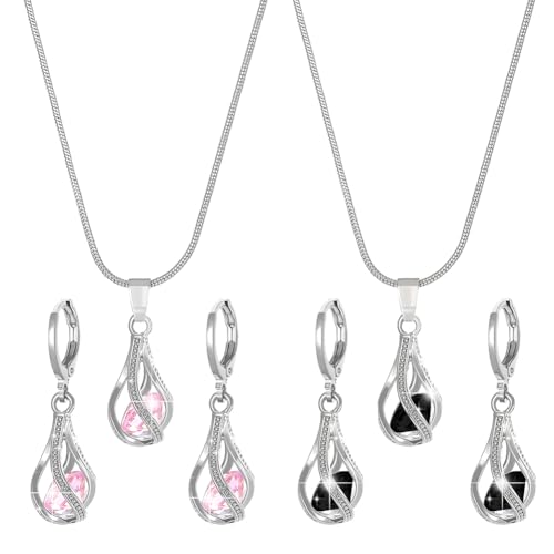 HOBBIESAY 2 Stück 2 Farben Halsketten Set Mit Tropfenanhänger Und Strass Kristallen Halskette Und Ohrringen Für Frauen Geburtsstein Weihnachten Geburtstag Muttertag Schmuck Geschenke Für Freundin von HOBBIESAY