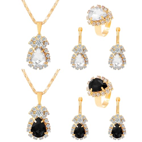 HOBBIESAY 2 Stück 2 Farben Kristall Schmuck Set Tropfenform Baumelnde Ohrringe Halskette Ring Set Strass Hochzeit Abschlussball Modeschmuck Für Frauen Accessoire Für Freundin Mutter Freund Geschenk von HOBBIESAY