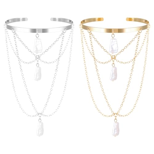 HOBBIESAY 2 Stück 2 Farben Mehrlagige Perlen Oberarm Armreif Verstellbares Oberarmband Perlkett Cuff Charm Anhänger Offener Armreif Für Damen Schmuck Hochzeitsfeier Accessoires von HOBBIESAY