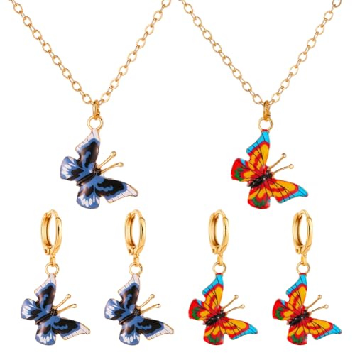 HOBBIESAY 2 Stück 2 Farben Strass Kristall Hochzeitsschmuck Set Kristall Schmetterlings Anhänger Ohrringe Bunte Halsketten Sets Zarter Schmuck Geschenk Für Freundin Mutter Freund von HOBBIESAY