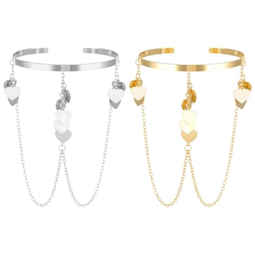 HOBBIESAY 2 Stück 2 Farben Verstellbares Herz Oberarm Cuff Armband Mit Mehrschichtigen Herz Quasten Und Offener Kette Für Damen Körper Schmuck Hochzeits Party Zubehör von HOBBIESAY