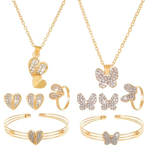 HOBBIESAY 2 Stück Goldenes Schmetterlingsherz Strass Schmuckset Glänzender Kristallanhänger Halskette Ohrring Ring Armband Legierung Anhänger Zubehör Verstellbar Geschenke von HOBBIESAY