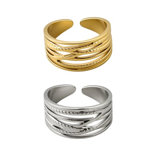 HOBBIESAY 2 Stück Mehrlagige Offene Ringe Aus Edelstahl Golden Silber Mehrlagig Stapelbar Offene Ringe Verstellbar Rissiger Ring Trendiger Boho Ring Für DIY Dekoration Für Frauen Braut Hochzeit Party von HOBBIESAY