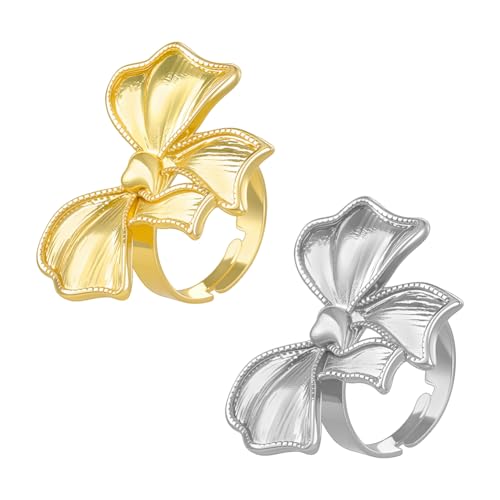 HOBBIESAY 2 Stück Schleifenring Stapelbarer Offener Ring Metall Stapelringe Verstellbare Damen Öffnungsringe Hellgold Und Platin Schmuck Für Partys 0.671.04cm Innendurchmesser (7)(6) cm Schleife von HOBBIESAY