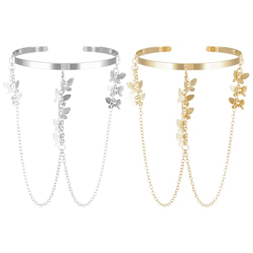 HOBBIESAY 2 Stücke 2 Farben Verstellbare Oberarm Cuff Armreifen Mehrlagige Troddelschmetterlinge Oberarmkette Cuff Offener Oberarmschmuck Reifen für Damen Körperschmuck Hochzeitsfest Zubehör von HOBBIESAY