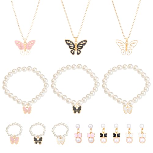 HOBBIESAY 3 Stück 3 Farben Perlen Schmetterlings Schmuckset Schmetterlings Anhänger Ohrringe Halskette Armband Ring Perle Für Frauen Perlenschmuck Set Geschenke Für Freundin Mutter Freund von HOBBIESAY