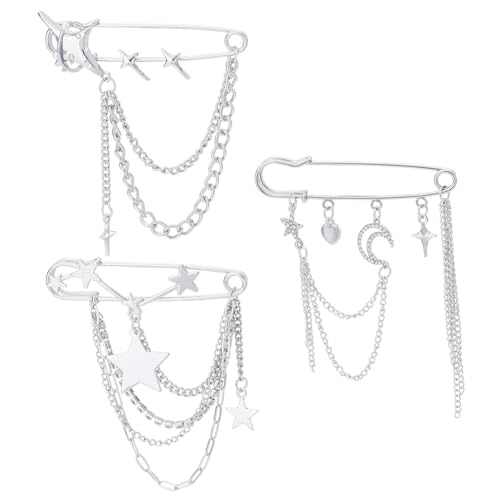 HOBBIESAY 3 Stück Punk Brosche Mit Silberner Stern Mond Quaste Ketten Brosche Vintage Kragennadeln Mond Und Stern Broschennadeln Aus Legierung Zubehör Für Damen Schals Kleider Mäntel Schals Taschen von HOBBIESAY