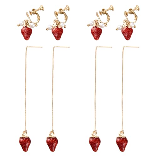 HOBBIESAY 4 Paar Erdbeer Ohrring Set Clip On Ohrringe Niedliche Frucht Stecker Ketten Quaste Ohrringe Trendy Frucht Ohrringe Set für Frauen für den Täglichen Gebrauch Feiertage Geburtstage Basteln von HOBBIESAY