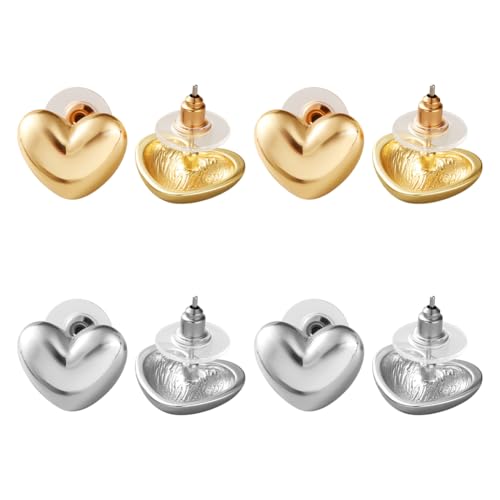 HOBBIESAY 4 Paare Herz Stecker Ohrringe 2 Farben Puffy Heart Liebe Süß Dünn Metall Ohrschmuck Einfach Schmuck Geschenk 0,63x0,51 Zoll von HOBBIESAY