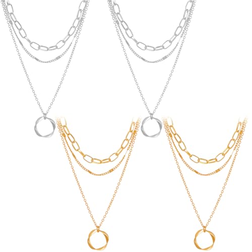 HOBBIESAY 4 Stk 3 Schicht Simple Halsketten Set für Mowen Runde Kreis Halskette Eleganter Rund Twist Ring Halsketten Gold Und Silber Eisenkette Verlängerung Für Party Und Festtagsdekoration von HOBBIESAY