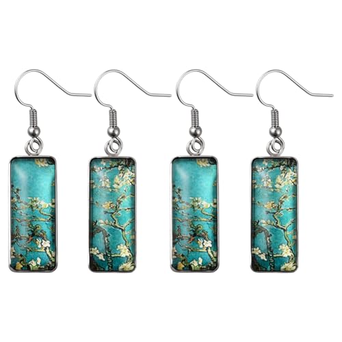 HOBBIESAY 4 Stk Glas Rechteckige Hänger Ohrringe Blaue Malerei Geometric Impressionist Ohrschmuck Trendige Accessoires von HOBBIESAY