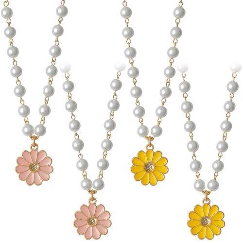 HOBBIESAY 4 Stück 2 Farben Gänseblümchen Anhänger Halsketten Weiße Imitationsperlen Sonnenblumen Choker Halsketten Für Frauen Gänseblümchen Perlen Halskette Süße Sonnenblumen von HOBBIESAY