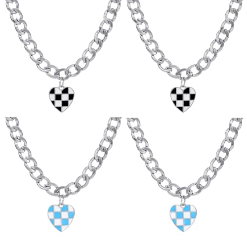 HOBBIESAY 4 Stück 2 Farben Halskette Mit Kariertem Herz Anhänger Verstellbar Schwarz Weiß Schachbrettmuster Checker Flag Halskette Herz Klobige Kette Anhänger Geschenk Für Freundin Hochzeit Urlaub von HOBBIESAY