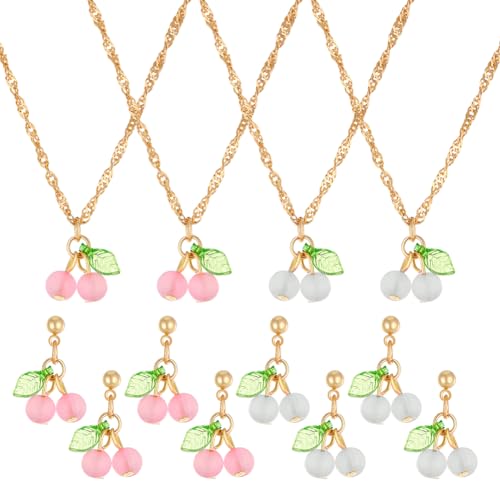 HOBBIESAY 4 Stück 2 Farben Kirschfrucht Ohrringe Anhänger Halskette Kirschtropfen Baumelnde Ohrringe Halsketten Set Kirschohrstecker Schmuck Sets Für Frauen Schmuckgeschenke von HOBBIESAY
