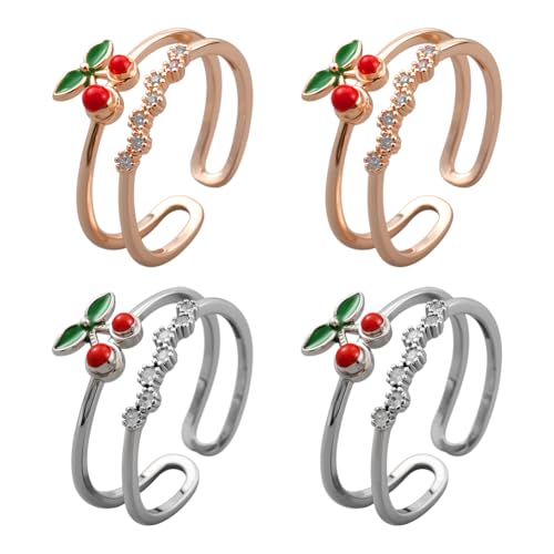 HOBBIESAY 4 Stück 2 Farben Süße Offene Ringe Mit Roten Kirschen Und Strasssteinen Stapelbare Offene Fruchtringe Platin Verstellbarer Minimalistischer Ring Für Frauen Weihnachten Modeschmuck von HOBBIESAY