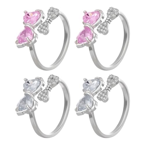 HOBBIESAY 4 Stück 2 Farben Süßes Offenes Ringset Mit Schleife Und Kristallen Verstellbare Fingerringe Trendiger Stapelbarer Ring Mit Schleife Und Strass Für Frauen Brautparty Weihnachten Modeschmuck von HOBBIESAY