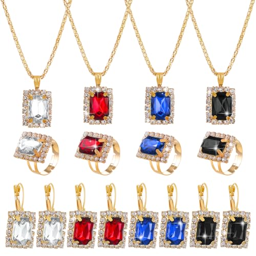 HOBBIESAY 4 Stück 4 Farben Strass Kristall Schmuckset Anhänger Halskette Ohrringe Ring Set Für Frauen Königlich Elegantes Brautschmuck Set Geschenk Für Freundin Hochzeit Urlaub von HOBBIESAY