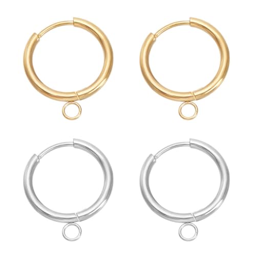 HOBBIESAY 4 Stück Creolen Aus Edelstahl 2 Farben Huggie Creolen Ohrring Beschläge Für Damen Gold Und Silber Runde Leverback Ohrhaken Für Die Herstellung von Creolen Zum Selbermachen Loch:2.5mm von HOBBIESAY