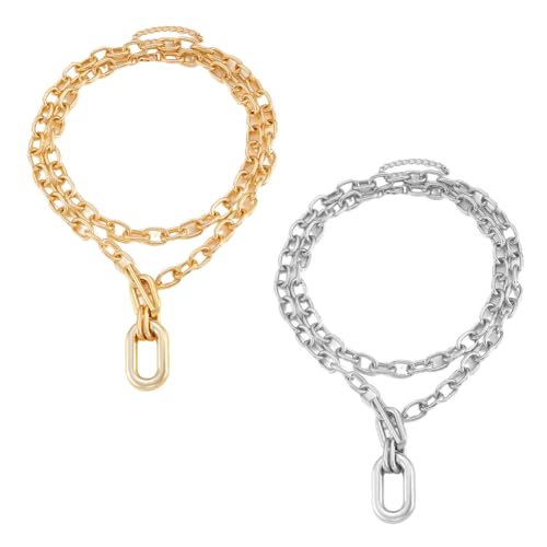 HOBBIESAY 4 Stück Doppelschichtige Prunkvolle Halsketten Set Mit Kubanischen Ketten Für Frauen Eleganzte Anhängerhalsketten Damenhalsketten Juwelen Aus Gold und Silberlegierung Verlängerung von HOBBIESAY