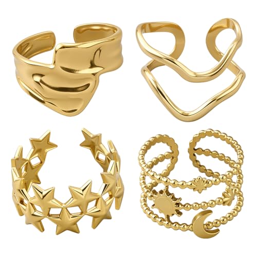 HOBBIESAY 4 Stück Goldene Offene Ring Sets Mit Sonne Und Mond Stapelbare Unregelmäßiger Breiter Bandring Verstellbare Mehrlagige Fingerringe Zubehör Für Frauen Hochzeit Geburtstag Party Dekoration von HOBBIESAY