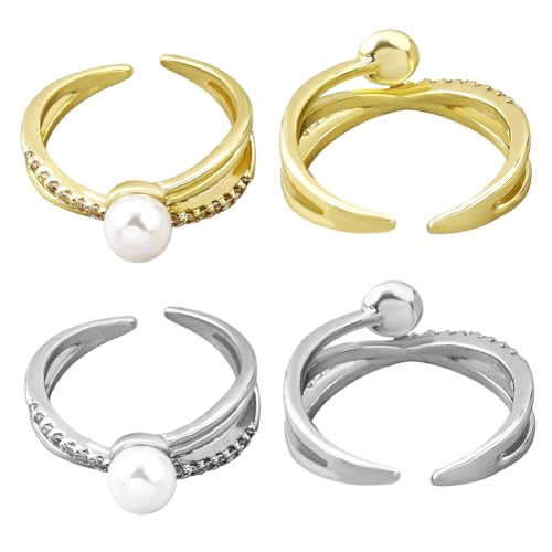 HOBBIESAY 4 Stück Perlenring Stapelbarer Offener Ring Verstellbare Öffnungsringe Für Damen Metall Stapelringe Mit 6mm Kunstperle Hellgold Und Platin Schmuck Für Partys 0.24(6) cm Perlen von HOBBIESAY
