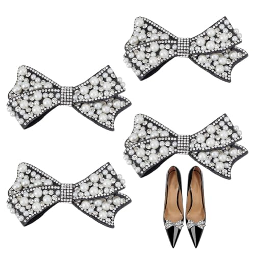 HOBBIESAY 4 Stück Schuhclips Mit Perlenschleife Schwarze Schuhschmuckclips Schleifen Schnürsenkel Charms Perlen Schleifen Charms Dekorativer Schuhclip Für Damen Sneaker von HOBBIESAY