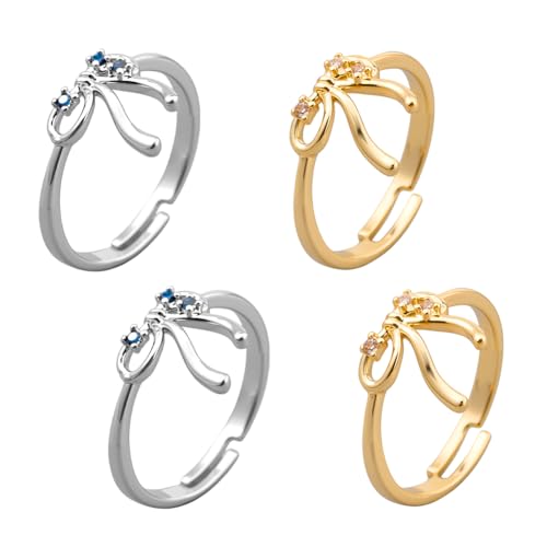 HOBBIESAY 4 Stück Strass Schleifen Öffnungsringe Set Mit Kristall Schleifen Trendig Verstellbare Fingerringe Stackbarer Schmuck Gold Silber Für Frauen Geburtstag Party DIY Deko von HOBBIESAY