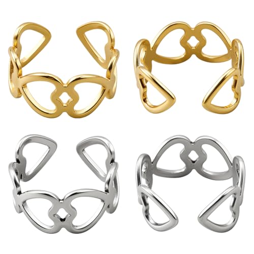 HOBBIESAY 4 Stück Süße Liebesherz Öffnungsringe Edelstahl Stapelringe Verstellbarer Schmuck Ringzubehör Für Frauen Gold Und Silberfarbener Herzförmiger Partyring 0.7(1) cm Innendurchmesser von HOBBIESAY