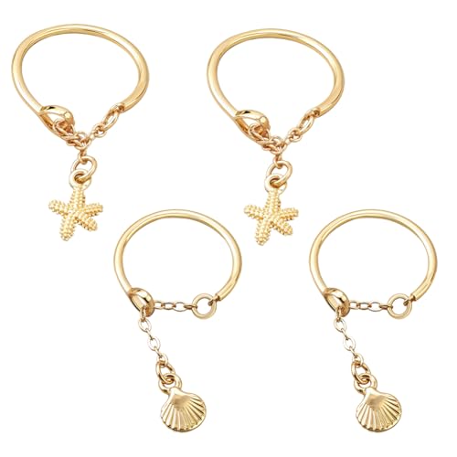 HOBBIESAY 4 Stück Vergoldete Seestern Muschel Öffnungsringe Mit Ketten Verstellbare Seestern Öffnungsringe Muschel Stapelring Sommer Ozean Stil Fingerring Für Frauen Party Dekoration von HOBBIESAY