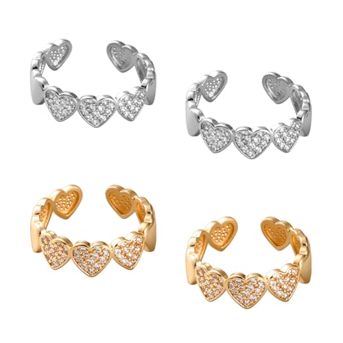 HOBBIESAY 4 stück Kristallherz Öffnungsringe Trendiger Stapelring Herz Strass Satz Minimalistisch Verstellbar Liebe Fingerringe Gold Silber für Frauen Geburtstag Party DIY Deko von HOBBIESAY