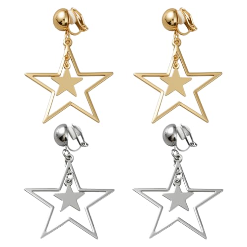 HOBBIESAY 4x 2-Farben Stern-Ohrclips Mit Anhänger Ohne Piercing 38mm Dangle-Design Hohle Ohrringe Weihnachtsgeschenke Für Frauen von HOBBIESAY