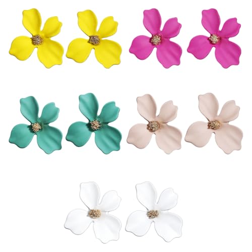 HOBBIESAY 5 Paare Modische Blumen Ohrringe Boho Statement Stecker 4 Blätter Blumen Ohrstecker Trendige Florale Ohrringe Gemischte Farben für Frauen Täglicher Tragen Urlaub 27 mm x 26 mm von HOBBIESAY