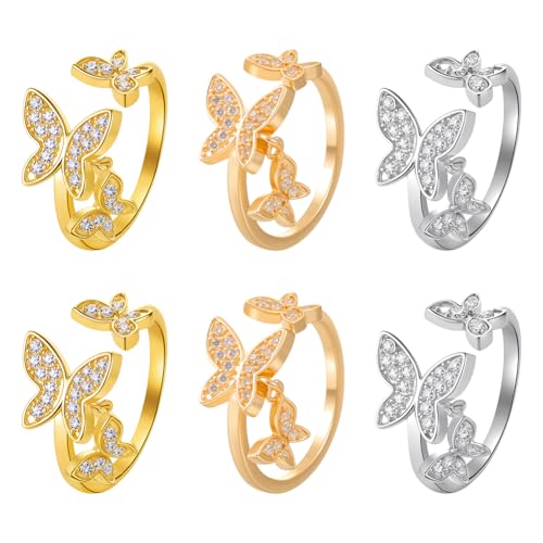 HOBBIESAY 6 Stück 3 Farben Schmetterlings Strass Öffnungsringe Mit Charms Schmetterlings Kristall Ring Set Trendiger Stapelbarer Ring Stapelbare Fingerringe Für Frauen Hochzeit Geburtstag von HOBBIESAY