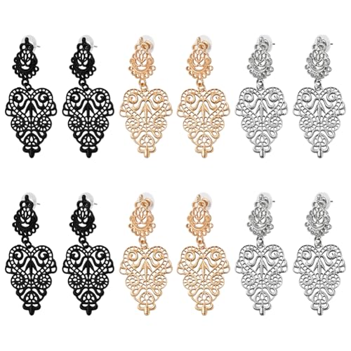 HOBBIESAY 6Paare 3Farben Bohème Filigran Kronleuchter Ohrringe Blattform Hängende Tropfenohrringe Durchbrochene Spitzenmuster Ohrringe Elegante Ohrring Zubehör für Frauen Täglicher Schmuck von HOBBIESAY
