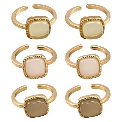 HOBBIESAY 6Stück 3 Farben Quadratische Öffnungsringe Aus Verstellbare Minimalistische Offene Ringe Mit Quadratischem Kunstharzstein Handgefertigter Metallring Trendiger Stapelbarer Ring von HOBBIESAY