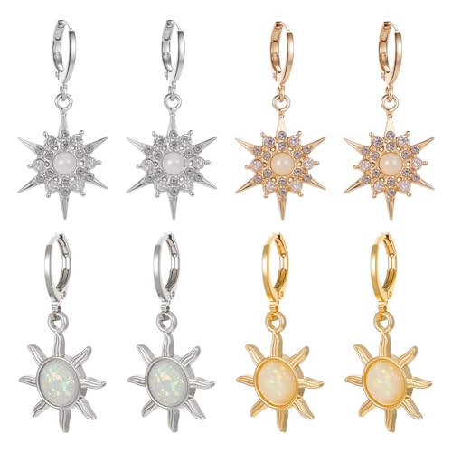 HOBBIESAY 8 Paare Sonnen Hoop Ohrringe 4 Farben Boho Stil Huggie Dangle Ohrringe Sonnenblume Dangle Drop Legierungs Kristall Leverback für Frauen Geburtstagsparty Urlaub Schmuckgeschenke von HOBBIESAY