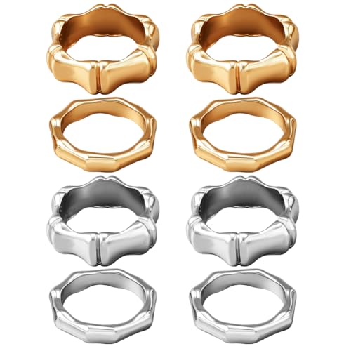 HOBBIESAY 8 Stück 2 Größen Trendige Bambus Gelenkring Sets Versprechensknochen Stapelbare Ringe Gold/Silber Bambusknochen Fingerringe Ewigkeitsband Ringzubehör Für Frauen Geburtstagsparty Dekoration von HOBBIESAY