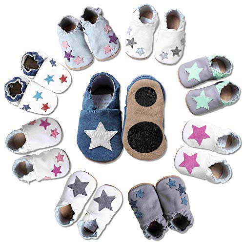 HOBEA-Germany Baby Lauflernschuhe Sterne mit Anti-Rutsch-Pads, Kinder Hausschuhe, Lederschuhe, Design: blau mit weißem Stern, Größe 18/19 (6-12 Mon) von HOBEA-Germany