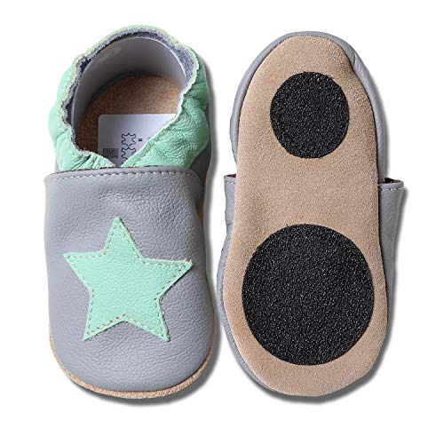 HOBEA-Germany Baby Lauflernschuhe Sterne mit Anti-Rutsch-Pads, Kinder Hausschuhe, Lederschuhe, Design: dunkelgrau mit Mint Stern, Größe 22/23 (18-24 Mon) von HOBEA-Germany