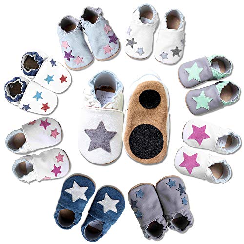 HOBEA-Germany Baby Lauflernschuhe Sterne mit Anti-Rutsch-Pads, Kinder Hausschuhe, Lederschuhe, Design: weiß mit grauem Stern, Größe 18/19 (6-12 Mon) von HOBEA-Germany