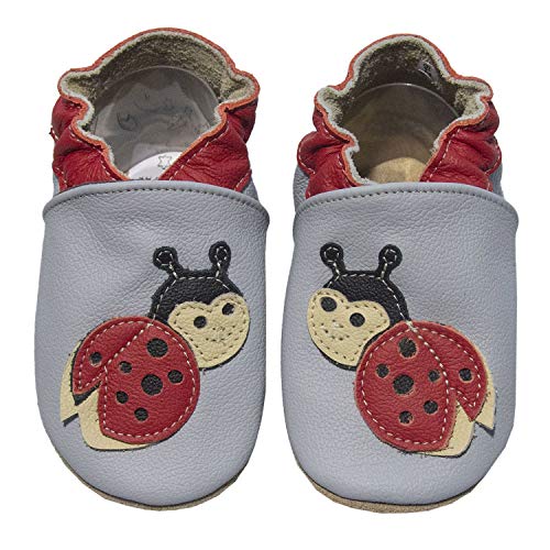 HOBEA-Germany Baby Lauflernschuhe Tiermotiv mit Anti-Rutsch-Sohle, Kinder Hausschuhe Mädchen & Jungen, Lederschuhe Baby (18/19, Marienkäfer grau) von HOBEA-Germany