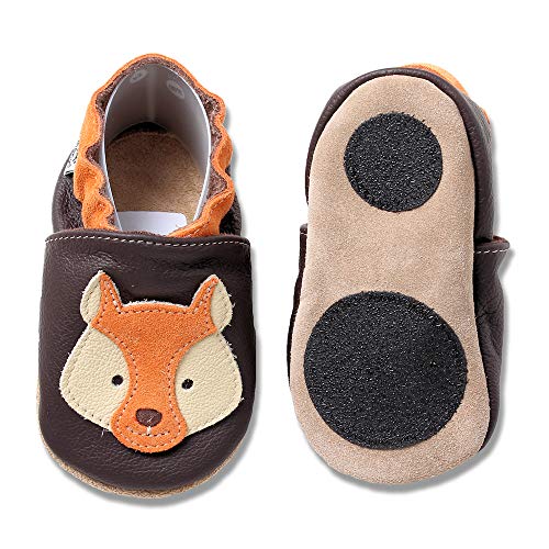 HOBEA-Germany Baby Lauflernschuhe Tiermotiv mit Anti-Rutsch-Sohle, Kinder Hausschuhe Mädchen & Jungen, Lederschuhe Baby (22/23 (18-24 Mon), Fuchs orange-braun) von HOBEA-Germany