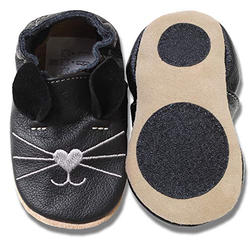 HOBEA-Germany Baby Lauflernschuhe Tiermotiv mit Anti-Rutsch-Sohle, Kinder Hausschuhe Mädchen & Jungen, Lederschuhe Baby (22/23 (18-24 Mon), Katze schwarz) von HOBEA-Germany