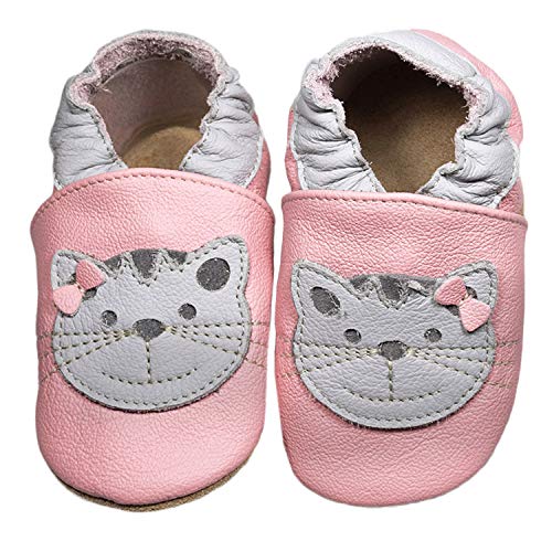 HOBEA-Germany Baby Lauflernschuhe Tiermotiv mit Anti-Rutsch-Sohle, Kinder Hausschuhe Mädchen & Jungen, Lederschuhe Baby (Katze rosa, Numeric_18) von HOBEA-Germany