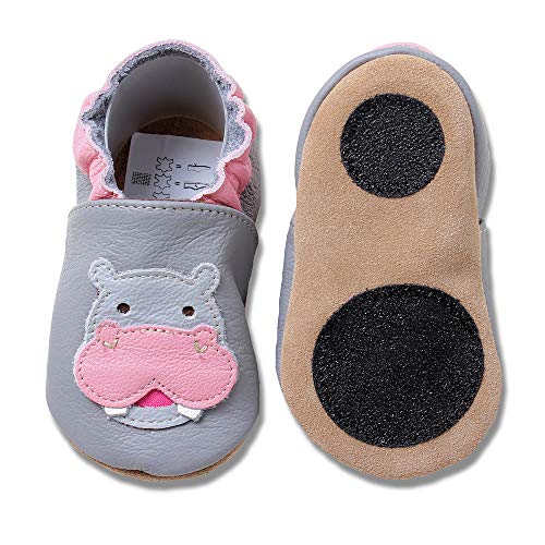 HOBEA-Germany Baby Lauflernschuhe Tiermotiv mit Anti-Rutsch-Sohle, Kinder Hausschuhe mit Tiermotiv: Nilpferd grau-rosa, Größe: 22/23 (18-24 Mon) von HOBEA-Germany