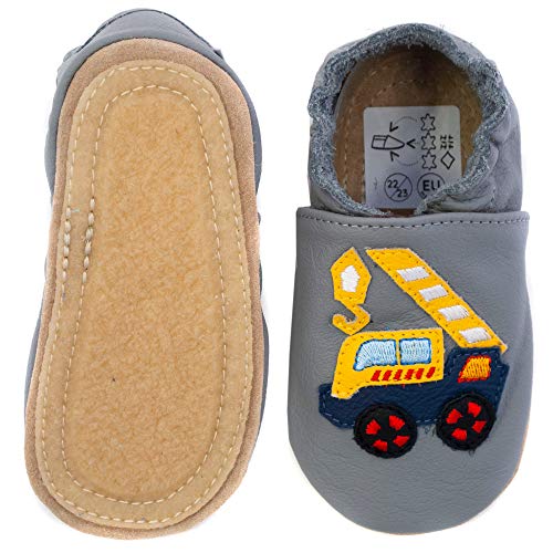 HOBEA-Germany Kitaschuhe Safestep, Kinderhausschuhe, Lederschuhe (Kranwagen Grau, Numeric_22) von HOBEA-Germany