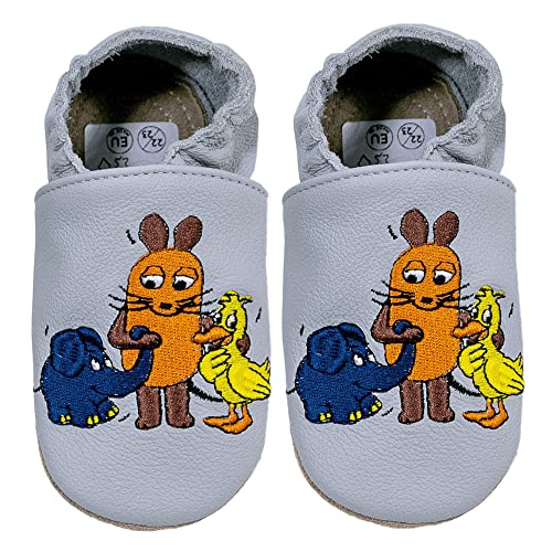 HOBEA-Germany Kitaschuhe Safestep, Kinderhausschuhe, Lederschuhe (Maus, Elefant und Ente grau, 20/21) von HOBEA-Germany